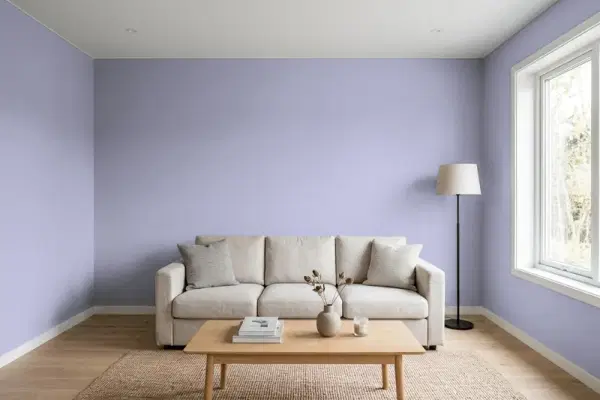 Living room with walls painted Benjamin Moore Central Mauve 1412 (simulated)