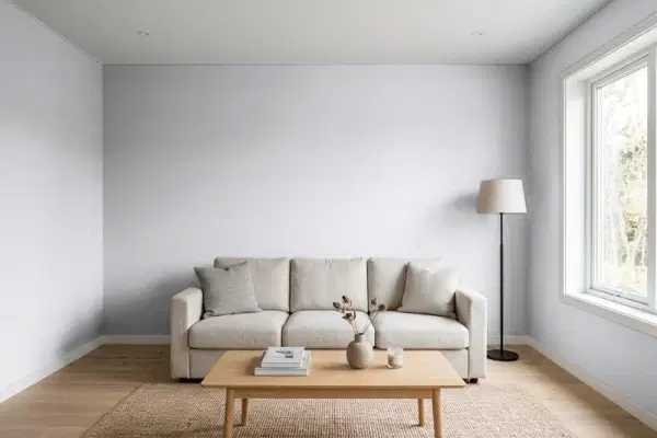 Living room with walls painted Behr Centre Stage N550-2 (simulated)