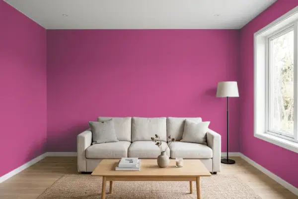 Living room with walls painted PPG Paints Cerise 17-11 (simulated)