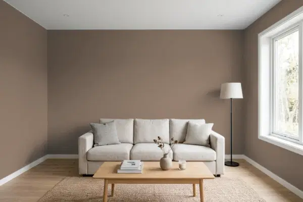 Living room with walls painted Behr Chalet QE-23 (simulated)