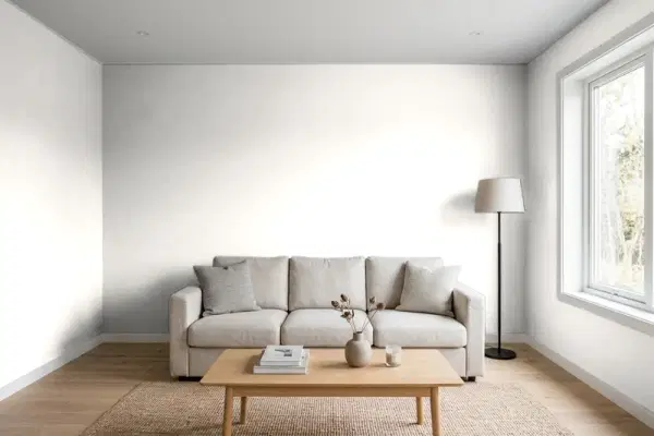 Living room with walls painted Behr Chalk 750A-1 (simulated)