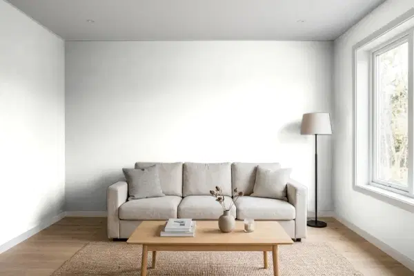 Living room with walls painted Behr Chalk Dust HDC-CT-22G (simulated)