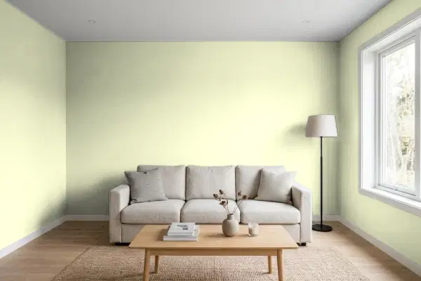 Living room with walls painted Benjamin Moore Chameleon 526 (simulated)
