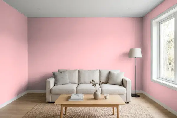 Living room with walls painted Valspar Champagne Blush 1008-6B (simulated)