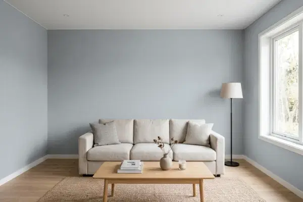 Living room with walls painted Behr Chance Of Rain PPU26-19 (simulated)