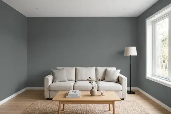 Living room with walls painted Behr Charcoal BXC-41 (simulated)