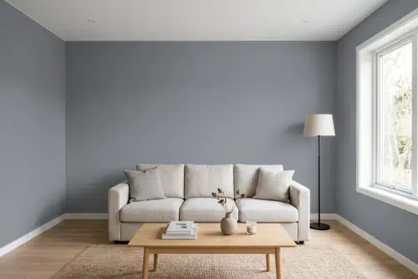 Living room with walls painted Benjamin Moore Charcoal Linen 2133-40 (simulated)