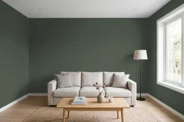 Living room with walls painted PPG Paints Charcoal Smoke 1033-7 (simulated)