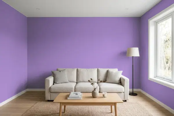 Living room with walls painted Benjamin Moore Charmed Violet 1398 (simulated)