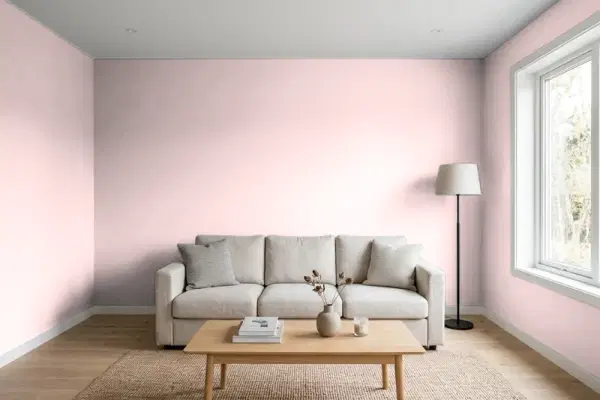 Living room with walls painted Sherwin-Williams Charming Pink SW 6309 (simulated)