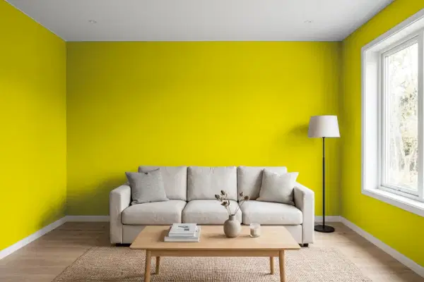 Living room with walls painted Benjamin Moore Chartreuse 2024-10 (simulated)