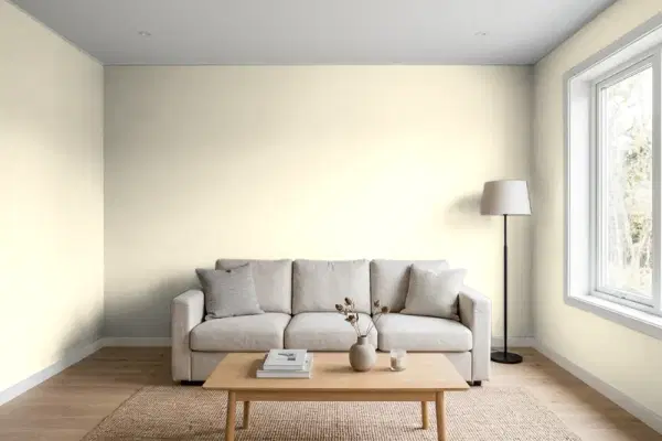 Living room with walls painted Benjamin Moore Chatsworth Cream 225 (simulated)