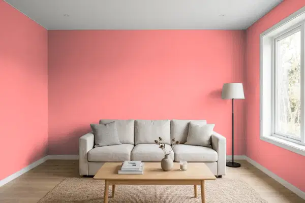 Living room with walls painted Behr Cheery 150B-5 (simulated)