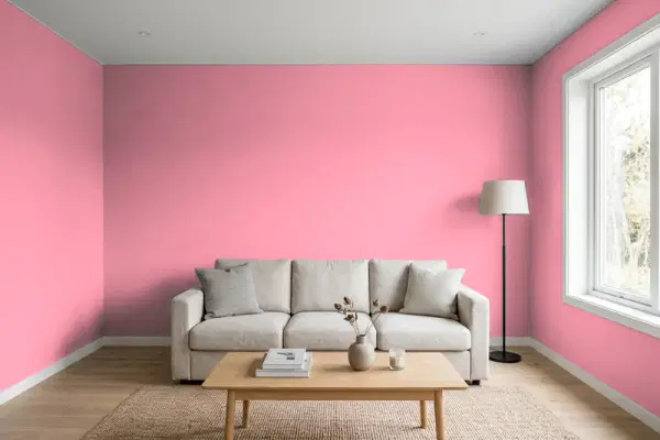 Living room with walls painted Sherwin-Williams Cheery SW 6584 (simulated)