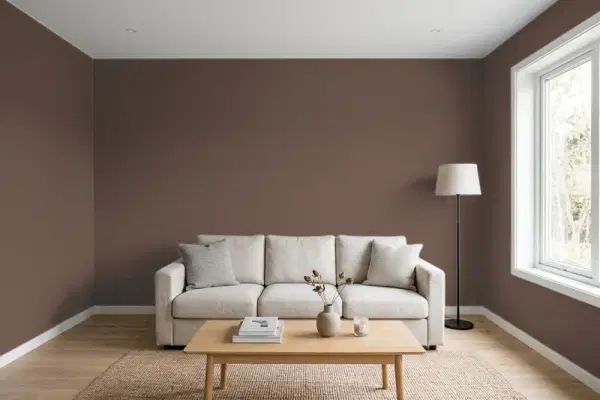 Living room with walls painted PPG Paints Chestnut 15-23 (simulated)
