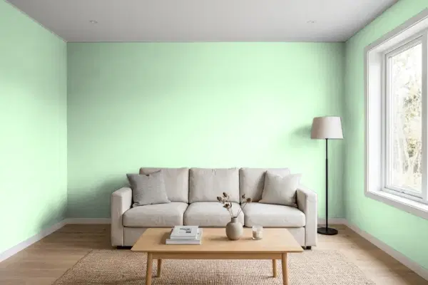 Living room with walls painted Behr Chilled Mint P390-2 (simulated)