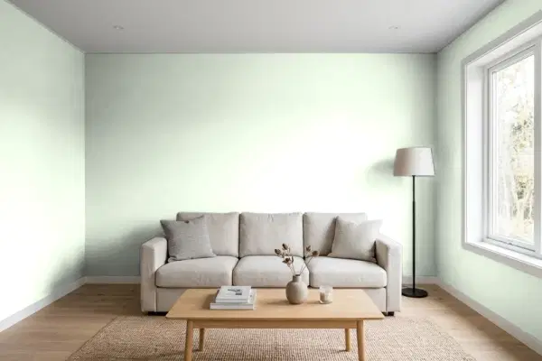 Living room with walls painted PPG Paints Chilled Mint 1224-3 (simulated)