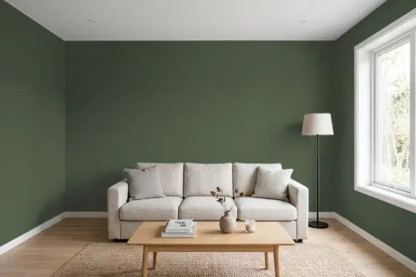 Living room with walls painted Benjamin Moore Chimichurri CSP-810 (simulated)