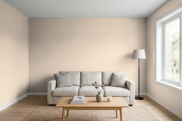 Living room with walls painted Benjamin Moore Chocolate Mousse 1025 (simulated)