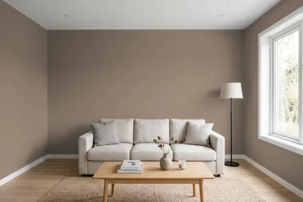 Living room with walls painted Benjamin Moore Chocolate Velvet CSP-235 (simulated)