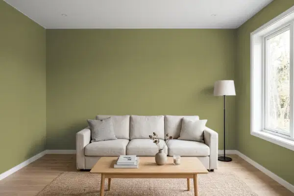 Living room with walls painted Benjamin Moore Chopped Dill 496 (simulated)
