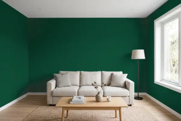 Living room with walls painted Benjamin Moore Chrome Green HC-189 (simulated)