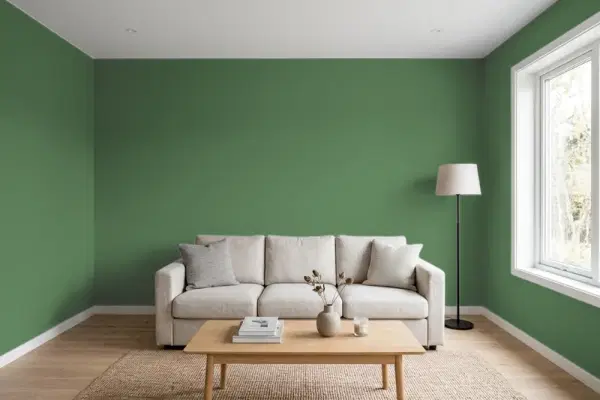 Living room with walls painted Sherwin-Williams Cilantro SW 6453 (simulated)