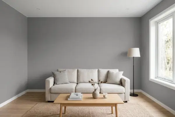 Living room with walls painted Benjamin Moore Cinder AF-705 (simulated)