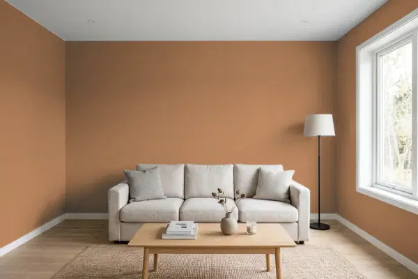 Living room with walls painted PPG Paints Cinnamon Twist 1081-6 (simulated)