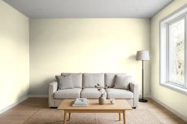 Living room with walls painted Benjamin Moore Citronée 281 (simulated)