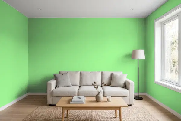 Living room with walls painted Benjamin Moore Citrus Green 2032-40 (simulated)