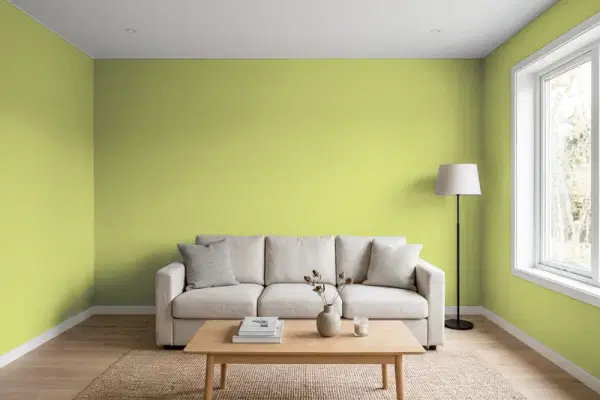 Living room with walls painted Behr Citrus Peel P360-5 (simulated)