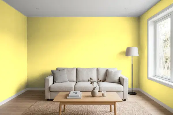 Living room with walls painted PPG Paints Citrus Punch 1212-5 (simulated)