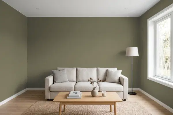 Living room with walls painted Valspar City Arboretum 6006-4C (simulated)