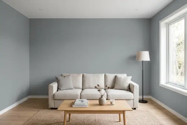 Living room with walls painted Valspar City Storm 4008-2A (simulated)
