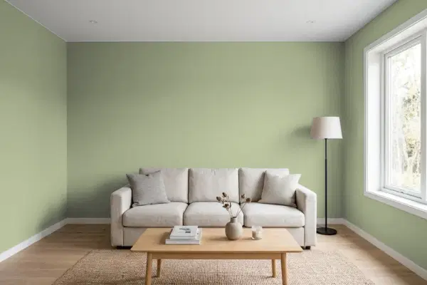Living room with walls painted Behr Clary Sage PPU11-07 (simulated)