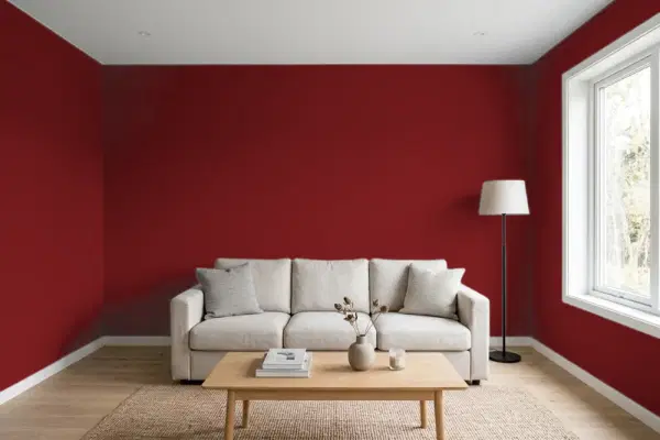 Living room with walls painted Benjamin Moore Classic Burgundy HC-182 (simulated)