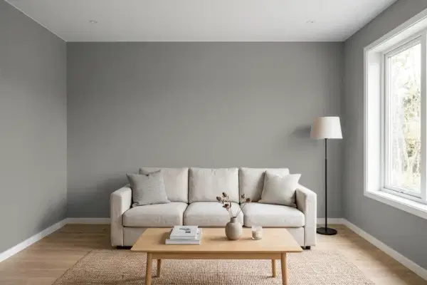 Living room with walls painted Sherwin-Williams Classic French Gray SW 0077 (simulated)