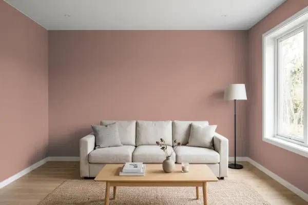 Living room with walls painted Valspar Clay Dusk 1008-9B (simulated)