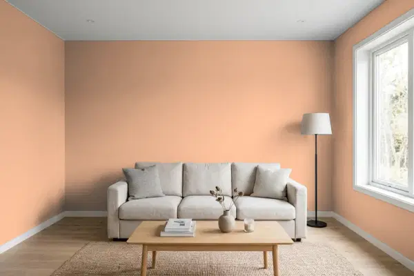 Living room with walls painted PPG Paints Clay Fire 1070-4 (simulated)