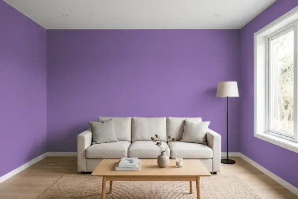 Living room with walls painted Sherwin-Williams Clematis SW 6831 (simulated)