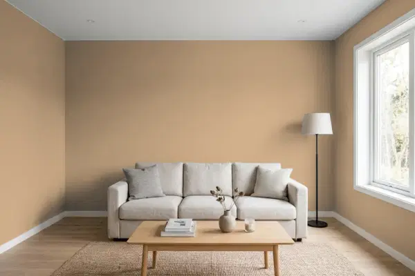 Living room with walls painted Behr Cliff Rock 290F-4 (simulated)