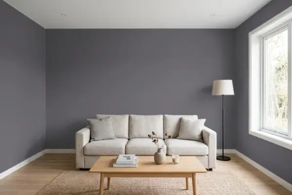 Living room with walls painted Sherwin-Williams Cloak Gray SW 6278 (simulated)