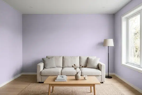 Living room with walls painted PPG Paints Cloudberry 1174-4 (simulated)