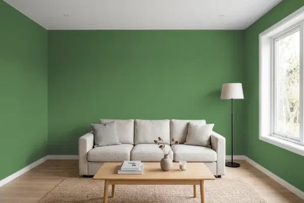 Living room with walls painted PPG Paints Clover Leaf 1131-7 (simulated)