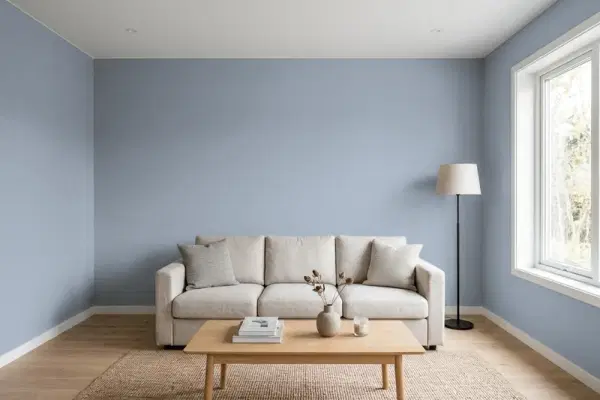 Living room with walls painted PPG Paints Coast Of Maine 10-20 (simulated)