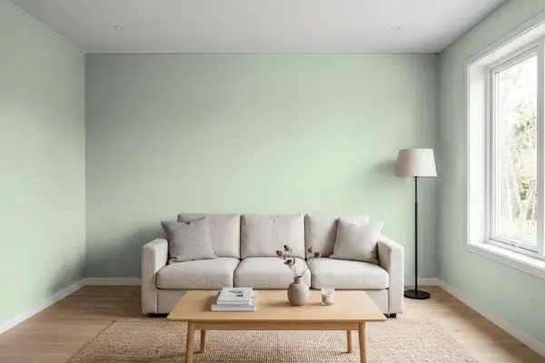 Living room with walls painted PPG Paints Coastal Crush 1129-4 (simulated)