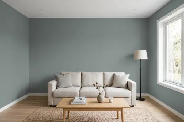 Living room with walls painted Valspar Coastal Dusk 5002-2B (simulated)