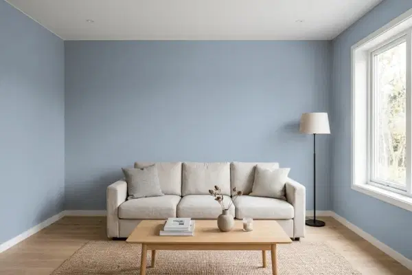 Living room with walls painted Benjamin Moore Coastline AF-570 (simulated)