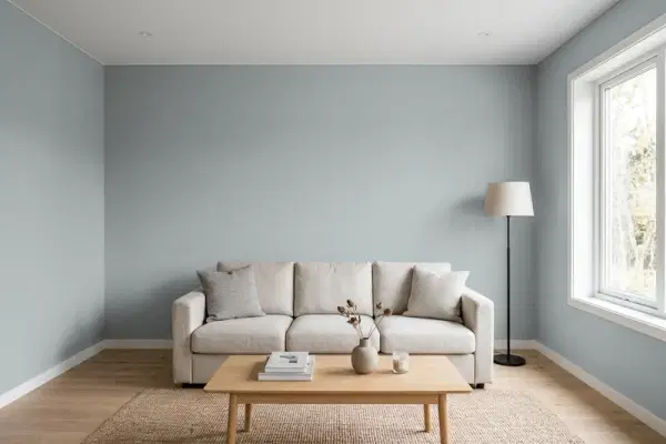 Living room with walls painted Benjamin Moore Cobblestone Path 1606 (simulated)